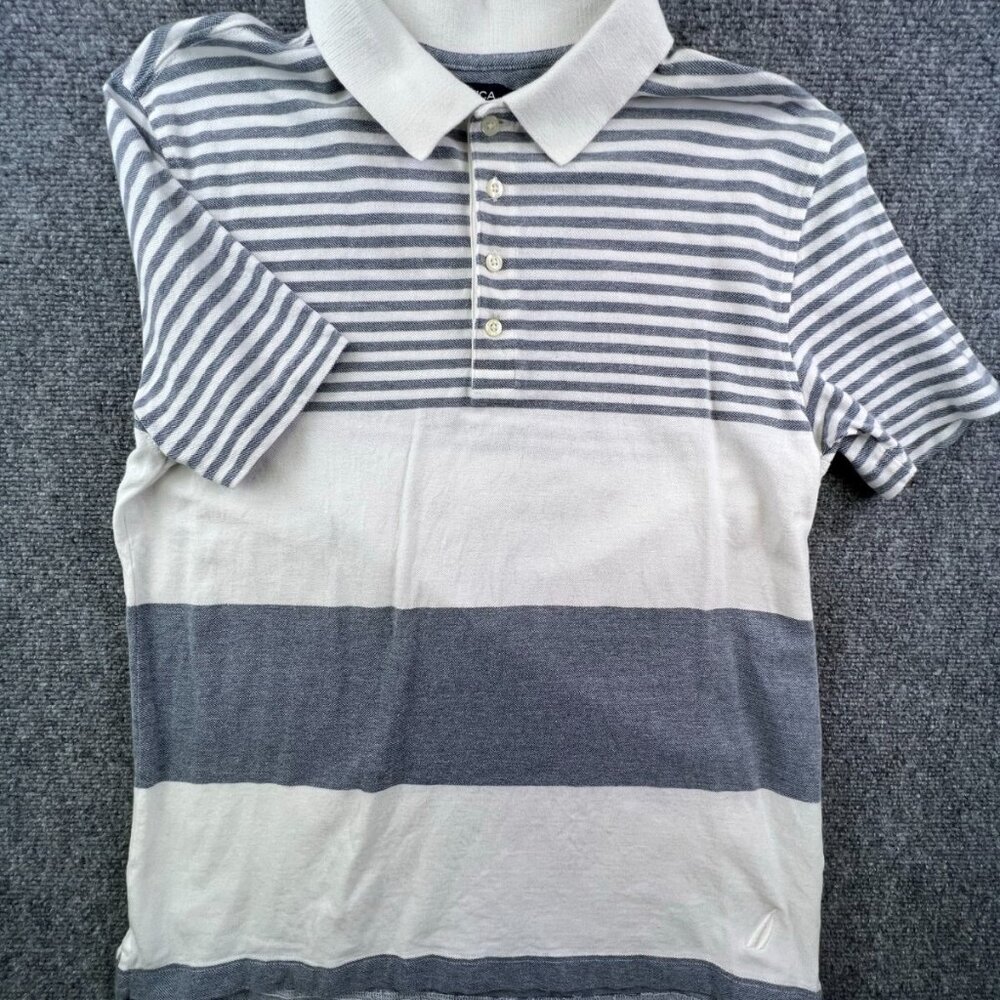 Nautica Polo Shirt Mens Large Gray Striped Golf Shirt Rugby Short Sleeve Adult
